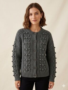 Rylee + Cru Charcoal Gray‎ Bobble Cable-Knit Button down Cardigan